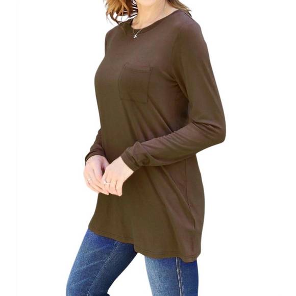 NEW BASIC BAE luxe long sleeve top with pockets in chocolate - Picture 2 of 5